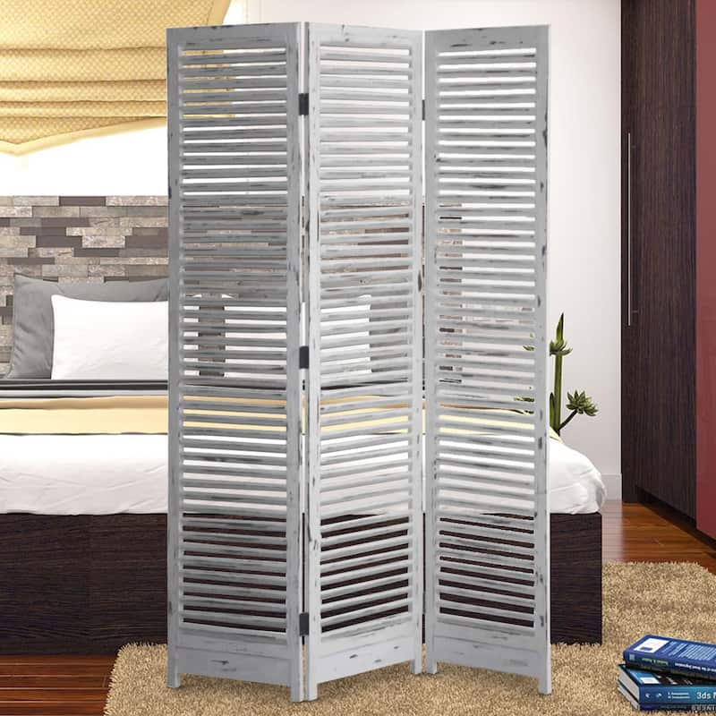 Minimal Wooden Screen with 3 Panels and Shutter Design, White