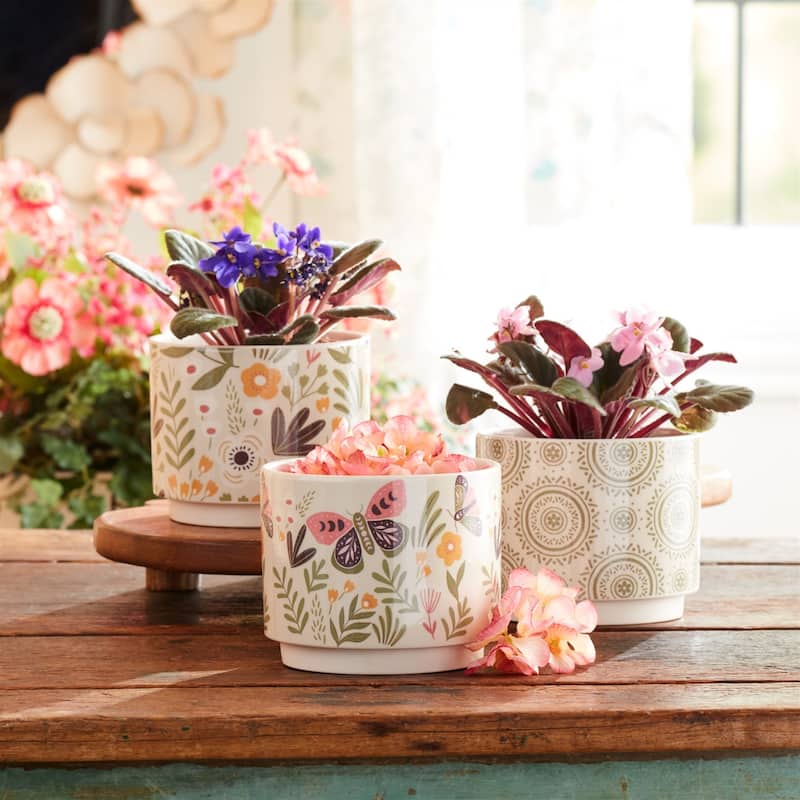 Floral and Mandala Dolomite Planters - 5" - White - Set of 3