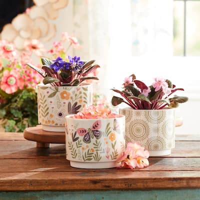Floral and Mandala Dolomite Planters - 5" - White - Set of 3