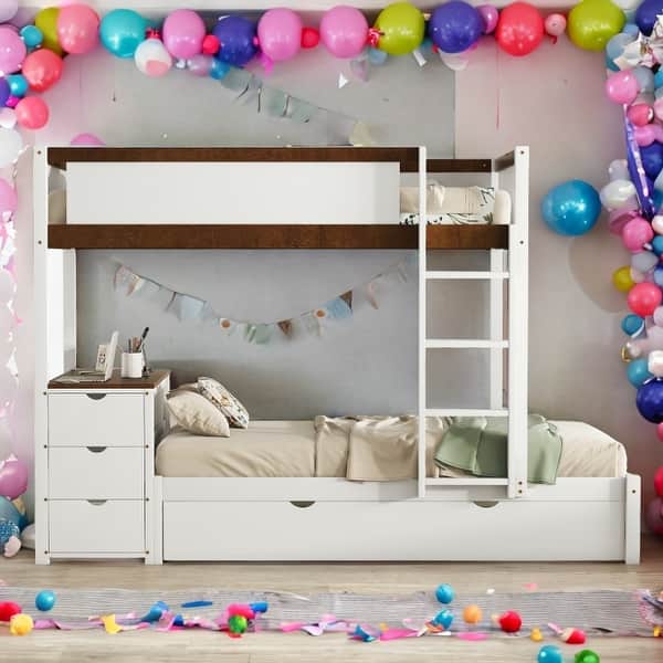 slide 2 of 55, Twin-Over-Twin Bunk Bed with Twin size Trundle, Storage and Desk,Multifunctional Bunk Bed With Storage Walnut