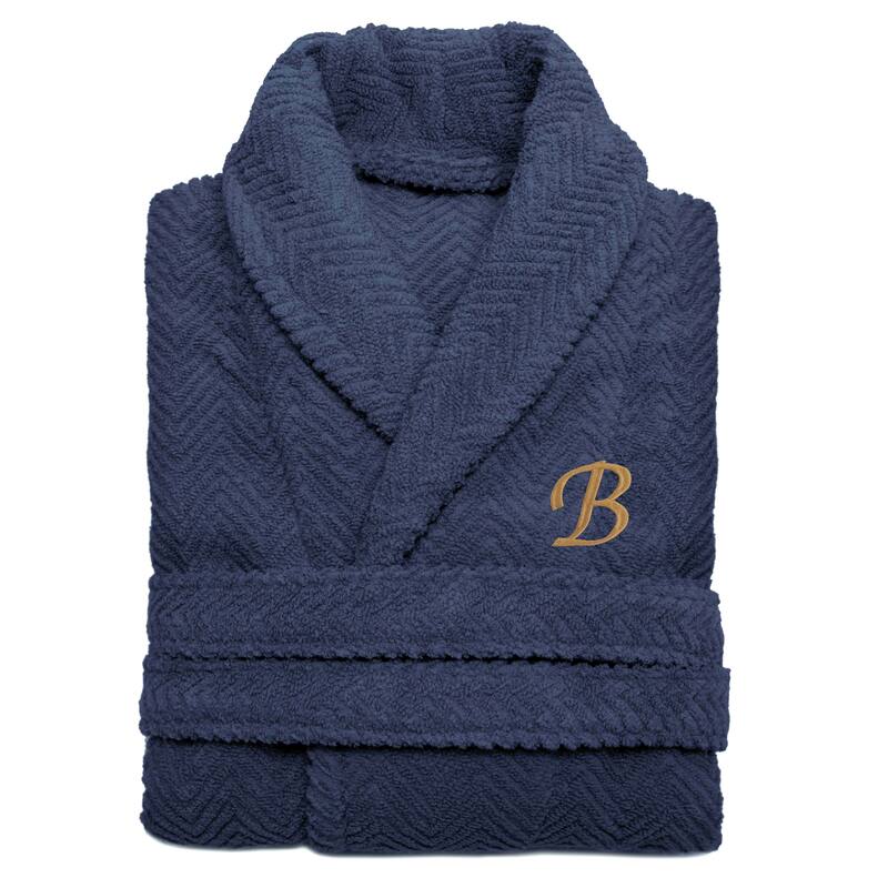 Authentic Hotel and Spa Midnight Blue with Gold Monogrammed Herringbone Weave Turkish Cotton Unisex Bath Robe - S/M - B