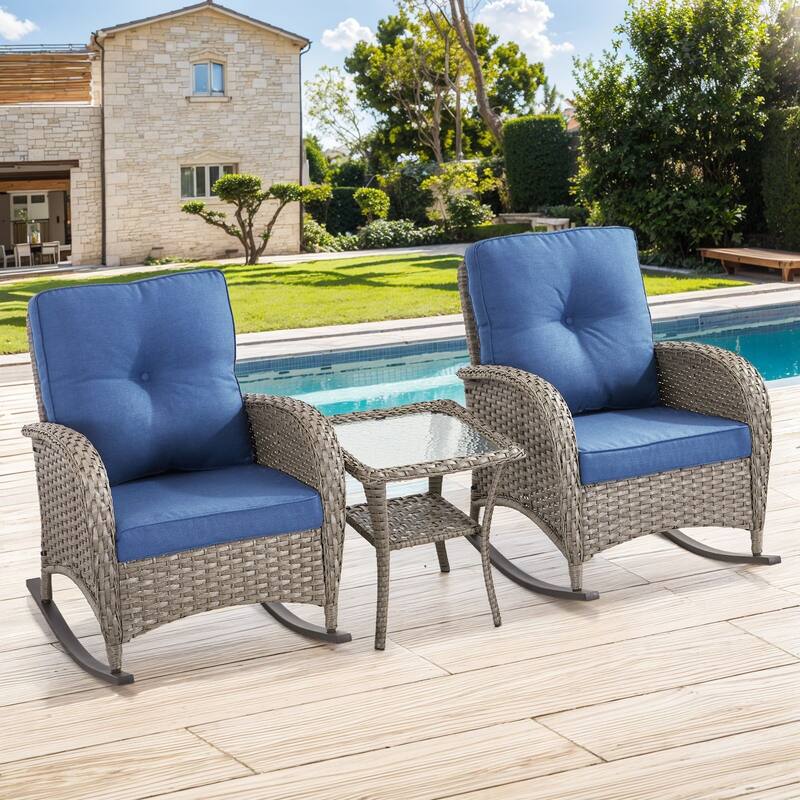 Gymojoy Patio Furniture Set PE Wicker Rocking Chairs & Side Table