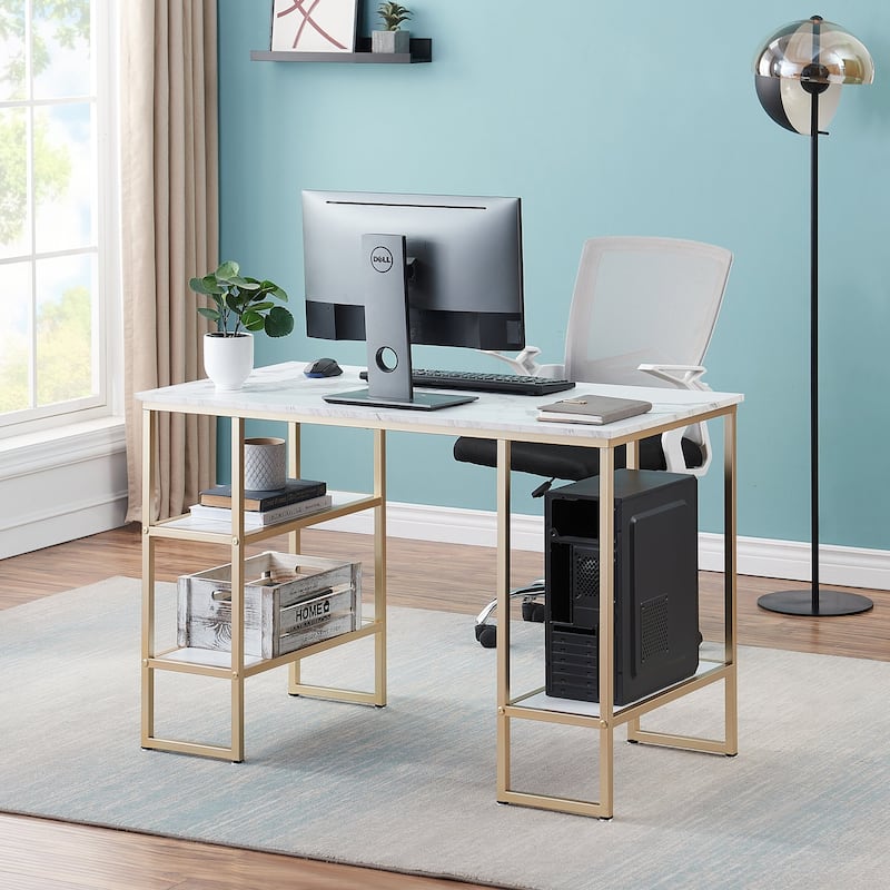 MCombo Computer Gaming Desk Office Desk with 3-Tier Shelves, Marble Finish