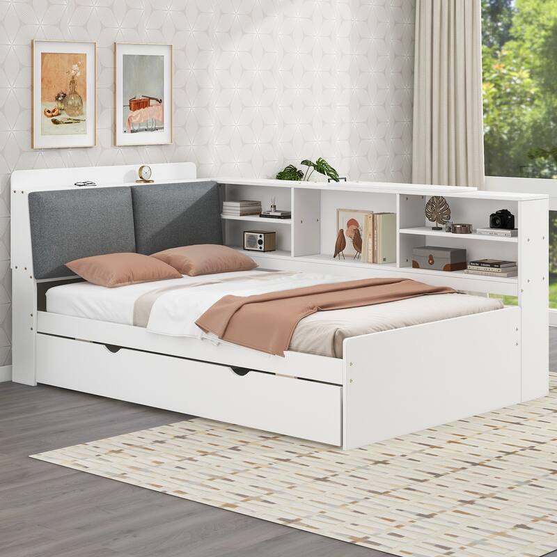 Twin Size Platform Bed with Trundle, Storage Shelves, Headboard with Upholstery, and Space-Saving Rotating Board