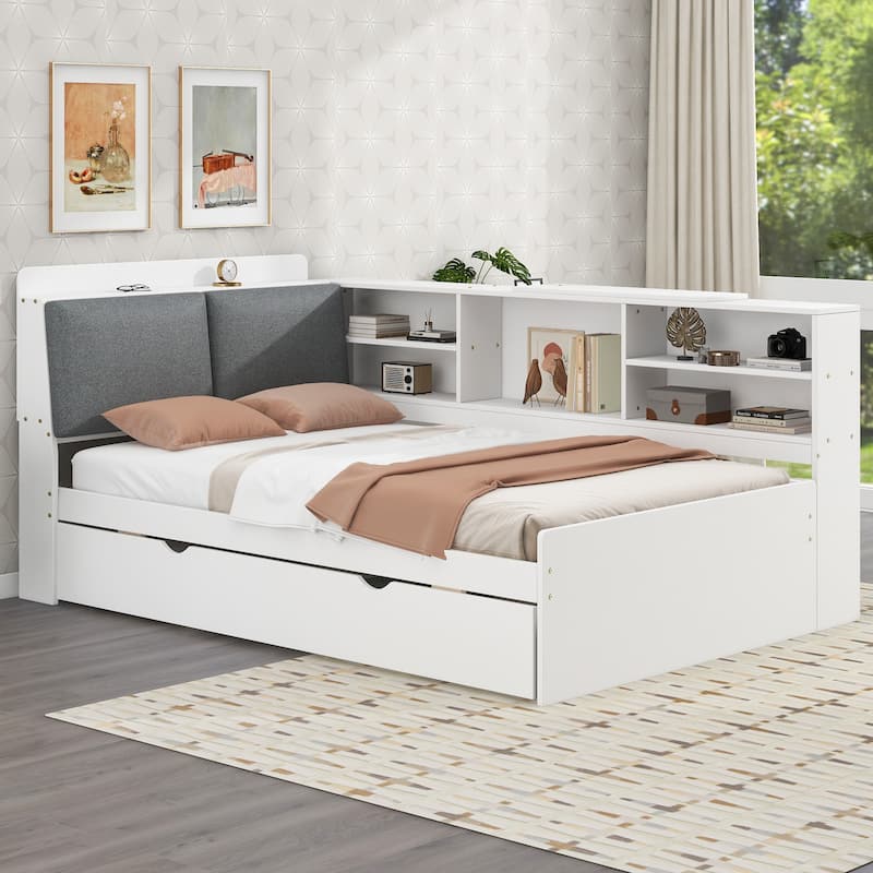 Twin Size Platform Bed with Trundle Bed, Built-in Storage Headboard, Shelves, and Rotating Board, Upholstered Backrest