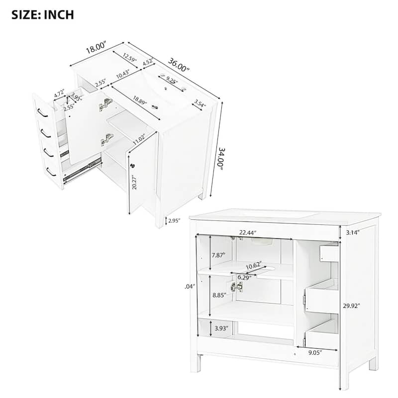 36" Bathroom Wood Storage Vanity Cabinet with Ceramic Sink, Open Shelf