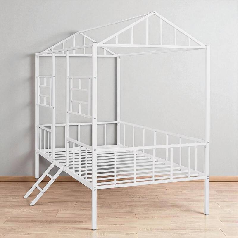 Twin Size Metal House Bed Frame for Kids with Slats and Roof Design, No Box Spring Needed