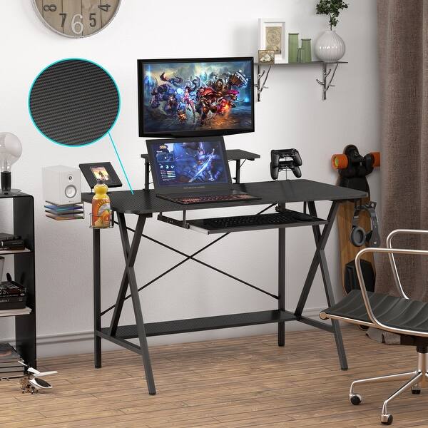 HOMCOM 47 inch Gaming Computer Desk, Home Office Gamer Table Workstation  with Cup Holder, Headphone Hook, Cable Management, Carbon Fiber Surface