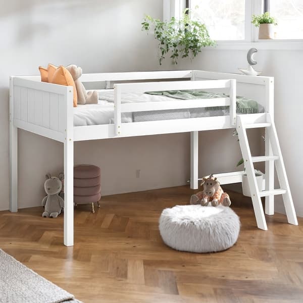 slide 2 of 28, Artsy Twin Size Wood Low Loft Bed with Convertible Ladder, ladder can be placed on the left or right, Safety Guaranteed, White White