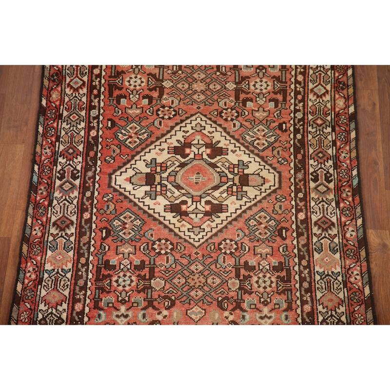 Hand Knotted Oriental 100% Wool Carpet Traditional Geometric Red Hamedan Runner Rug - 10' 3'' X 3' 6''