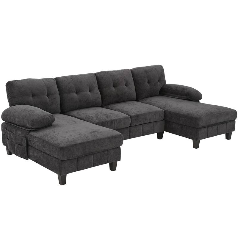 U-Shaped Modular Sectional Sofa with Dual Chaise Lounges, Chenille Fabric Cloud Couch with Storage Pockets & Armrest Pillows