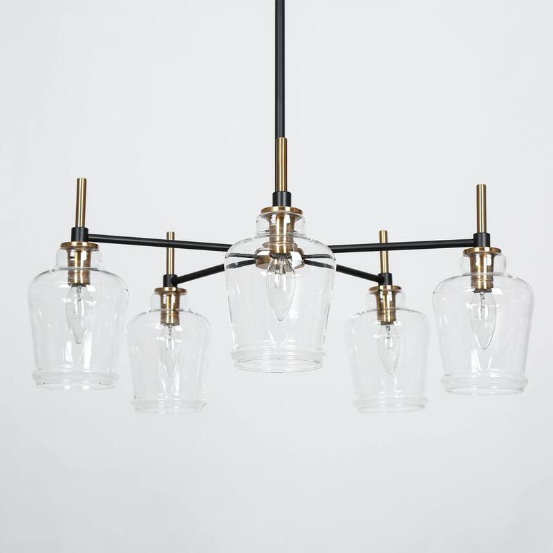 Modern 5-Light Black Gold Wagon Wheel Chandeliers Glass Pendant Light for Kitchen Dining Room