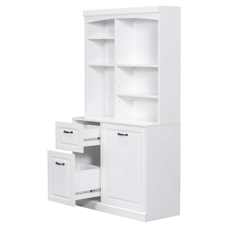 Roomfitters Bathroom Cabinet with Tilt-Out Hamper Adjustable Shelves Drawers and Tall Freestanding MDF Tower, White