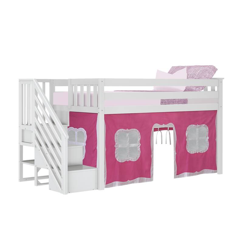 Max and Lily Twin Low Loft with Stairs and Curtains