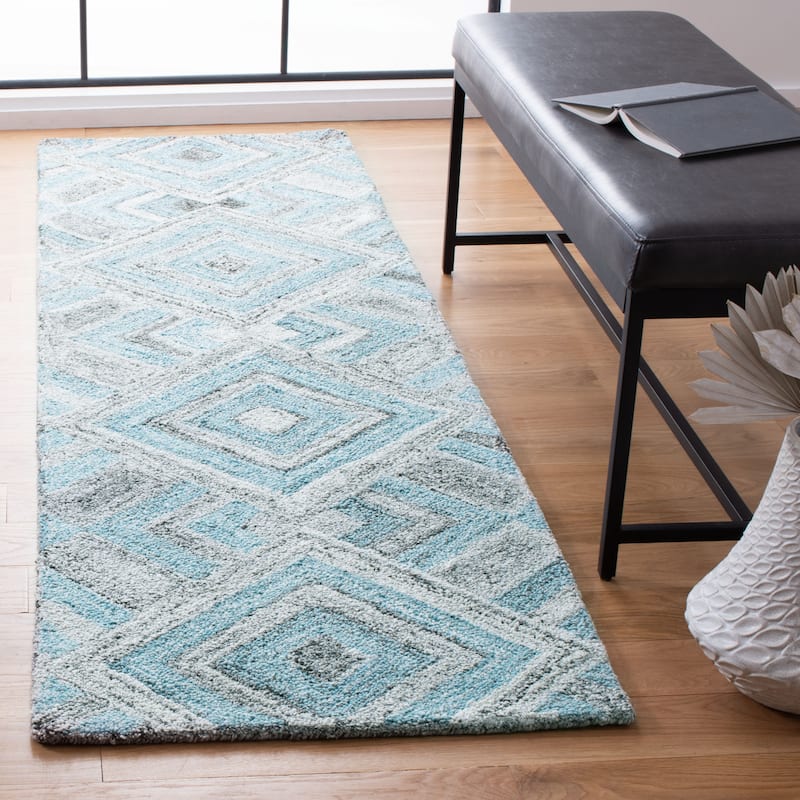 SAFAVIEH Handmade Abstract Elodia Diamond Wool Rug - 2'3" x 8' Runner - Grey/Turquoise