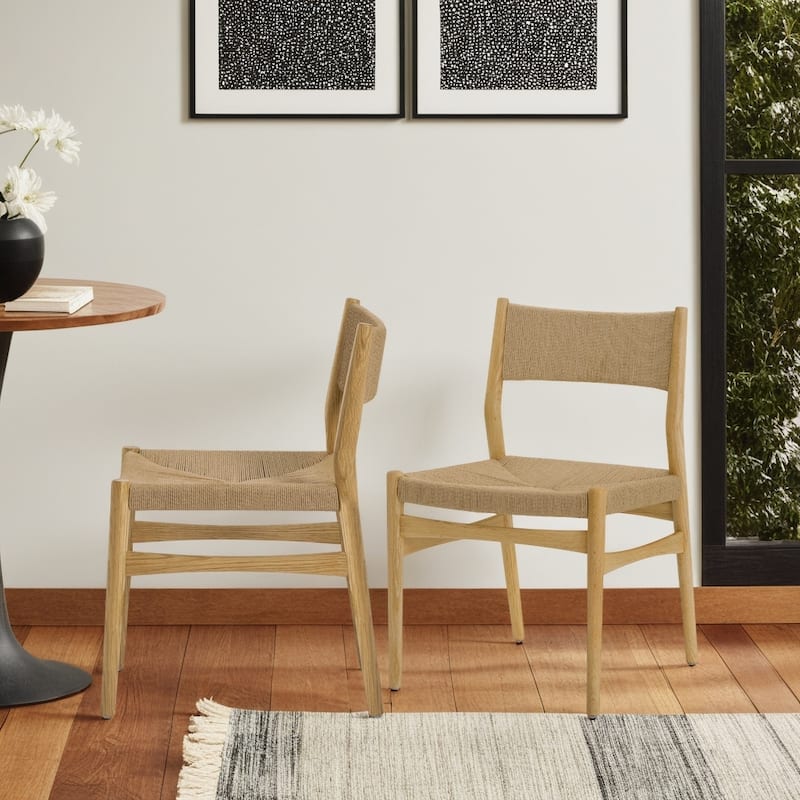 Erie Woven Paper Cord and Solid Wood Dining Chairs - Set of 2 - Natural Oak