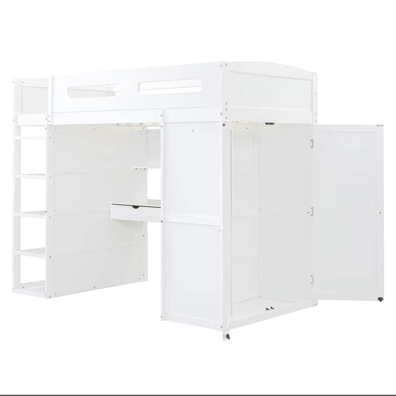 Twin Size Loft Bed with Desk, Wardrobes, 4 Drawers and 4 Shelves