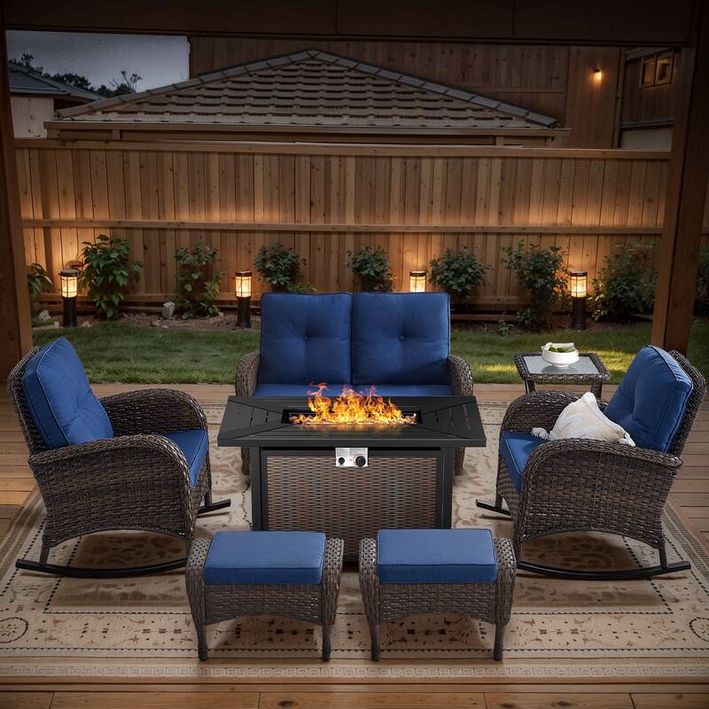 Gymojoy Outdoor Fire Pit Conversation Set, Loveseat Glider Sofa & Chairs - Patio Furniture Set - 7-Piece included Rocking Chairs & Ottomans - Blue