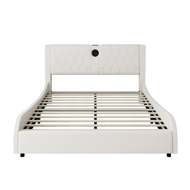 Queen LED Bed Frame with Bluetooth Speakers & Leather Upholstery