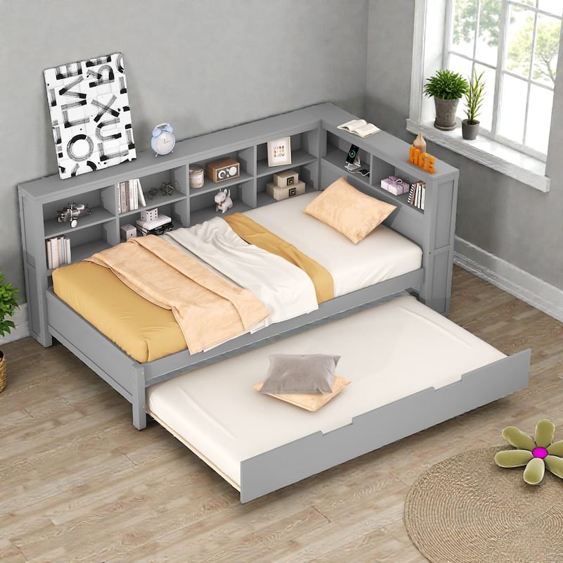 Twin/Full Wooden Daybed with Twin Trundle, Storage Shelf, USB Charging Ports, Slat Support, Space-Saving Design