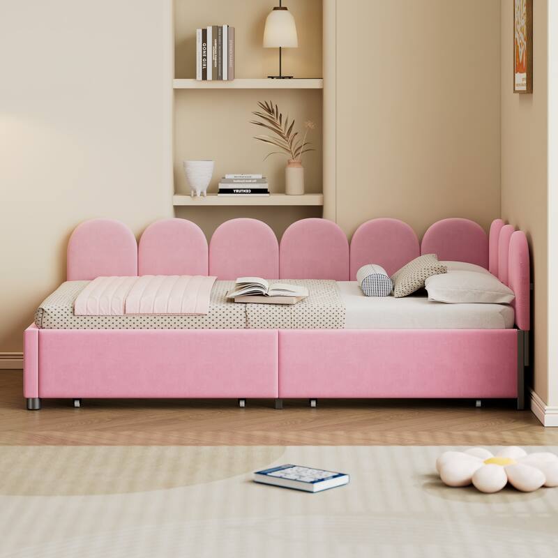 L-Shape Garden Backrest Daybed, Velvet Upholstered Sofabed with 2 Drawers, Soft Fabric Headboard Platform Bed Frame - Pink - Twin