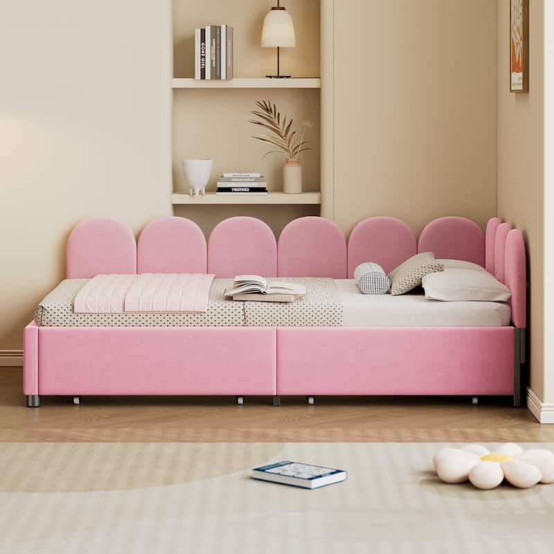 Velvet Upholstered Twin Daybed with Headboard and 2 Drawers, Space-Saving Sofa Bed
