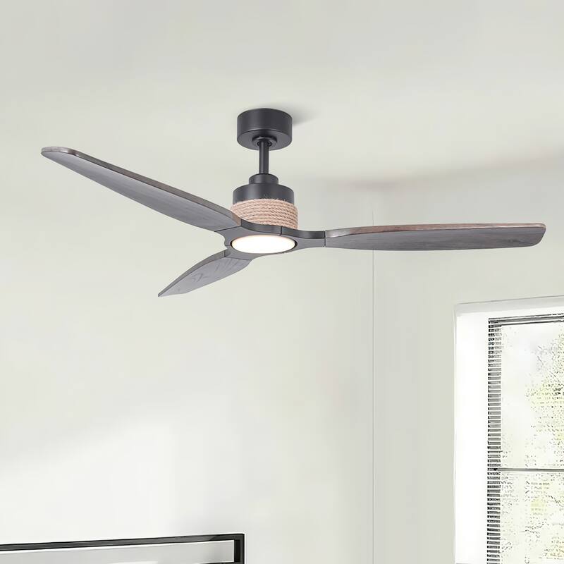 56" American Country Jute Solid Wood Black Ceiling Fan with 3CCT Light and Remote
