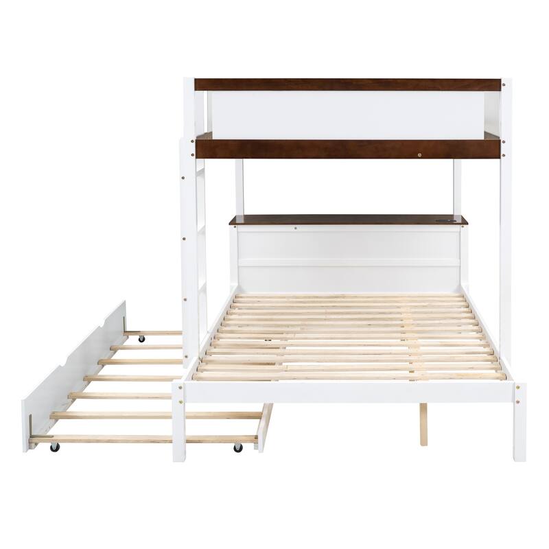 Full-Over-Full Bunk Bed with Twin size Trundle, Storage and Desk, White+Walnut
