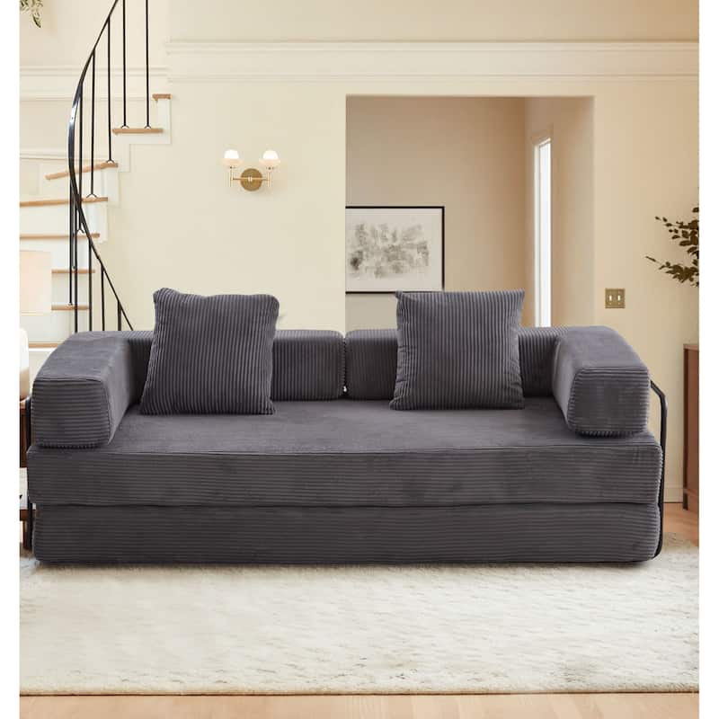 Modern Minimalist Compressed Upholstered Convertible Two-Seater Sofa Bed with External Metal Frame - Dark Grey Corduroy