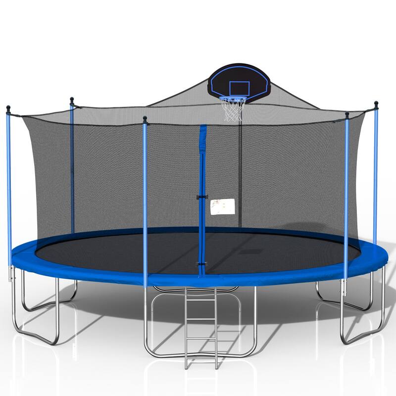 Trampoline with Slide and Swings, ASTM Approved Large Recreational Trampoline with Basketball Hoop and Ladder，Double-sided cover - Blue