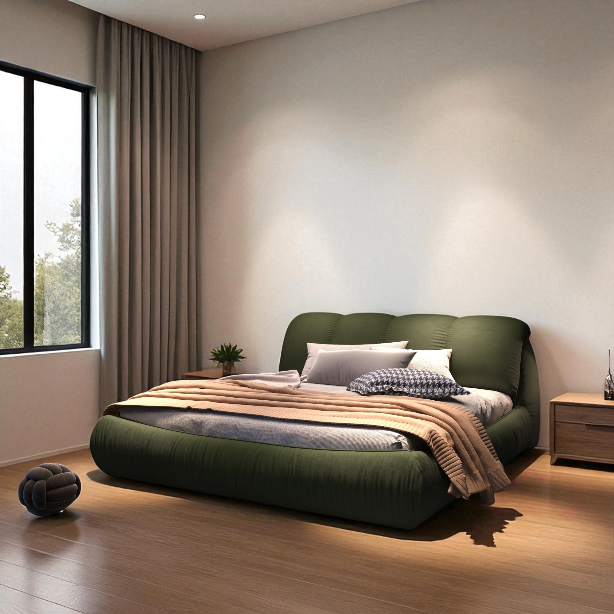 King Size Upholstered Platform Bed with Oversized Cushioned Headboard, Solid Wood Frame