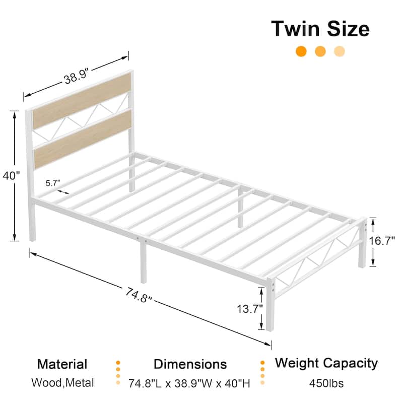 Twin Size Bed Frame Sett Metal Platform Bed with Wood Headboard Footboard Set of 2