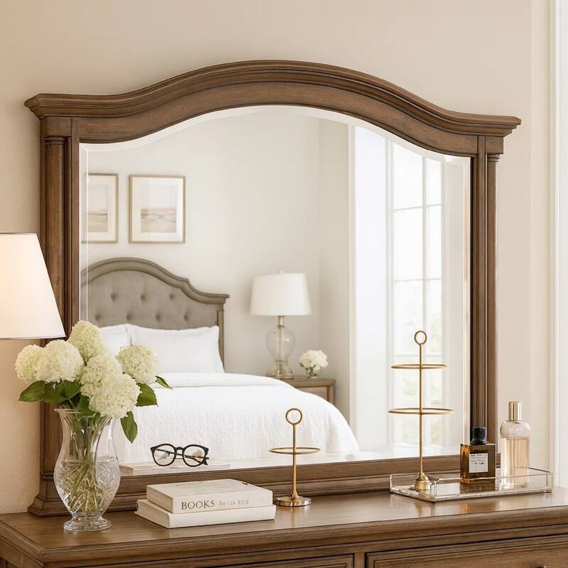 Danya 46 Inch Accent Mirror, Arched Wood Frame with Curves, Weathered Brown