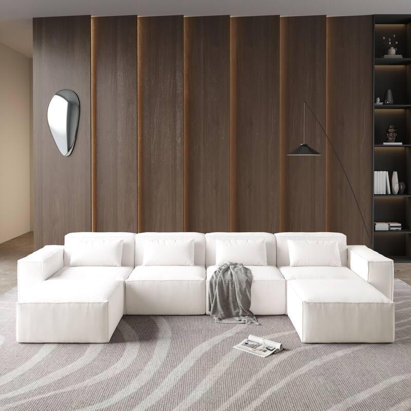 149" U Shaped Modular Sectional Sofa, 6-Seat Upholstered Sofa Couch, Free Combination - Beige
