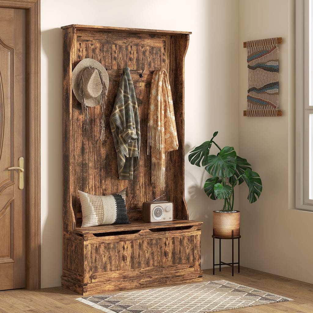 HOMCOM 38" 3-In-1 Entryway Hall Tree with Storage Bench, Coat Rack with Four Hooks and Shoe Storage, Black
