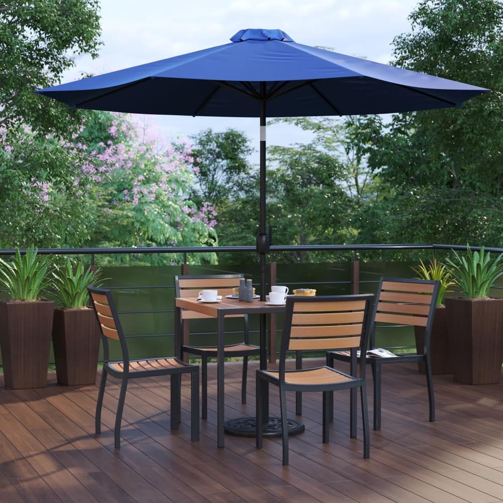 Faux Teak Patio Table, 4 Chairs & 9FT Patio Umbrella with Base - 35.25"W x 35.25"D x 29.5"H