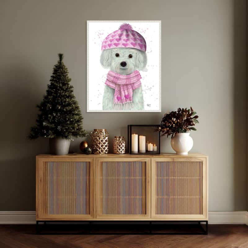 Bichon Frise in Pink Bobble Hat by Fab Funky (23 x 28 in.), Framed Canvas Wall Art Print - Sylvie Beaded White