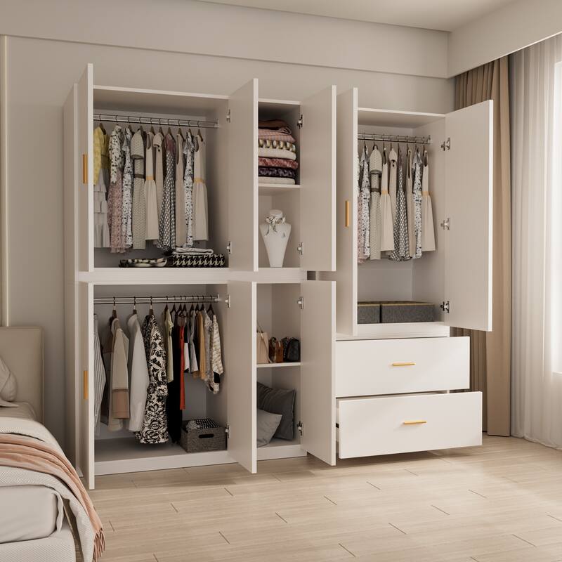 Gymojoy Armoire Wardrobe Closet, White Wooden Freestanding Clothes Storage Cabinet with Hanging Rods and Shelves for Bedroom