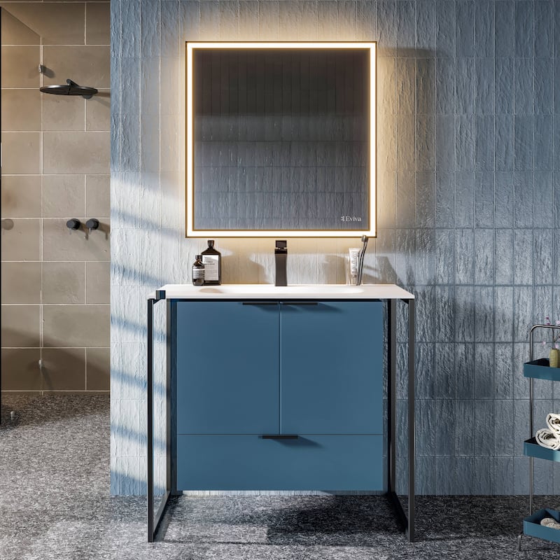 Eviva Onyx Wall Mount Bath Vanity with Solid Surface Top - 34" - Blue