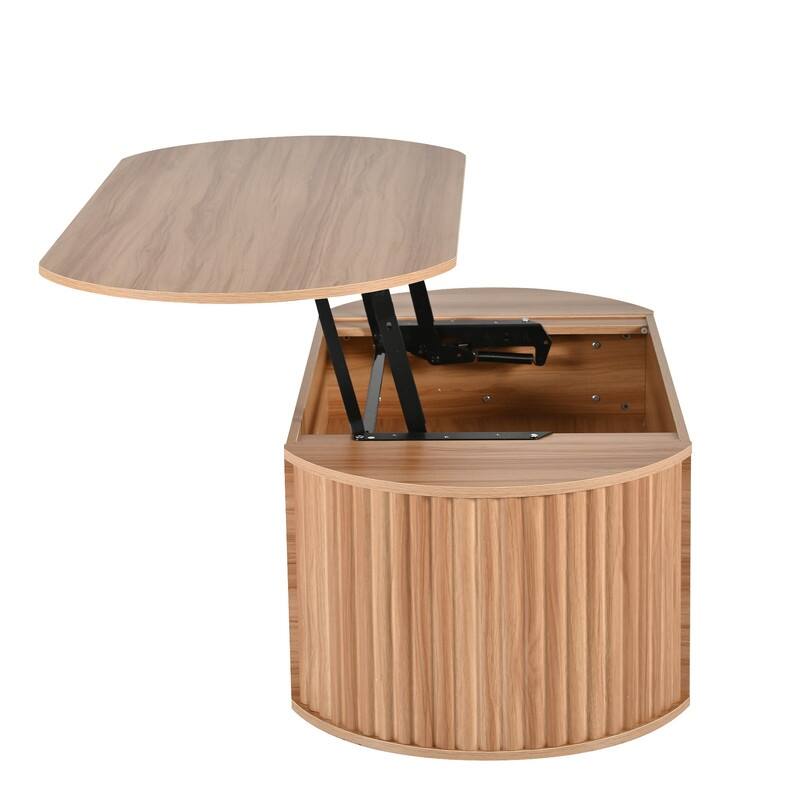 Wood Lift Top Coffee Table with Hidden Storage, 47" Oval Lift Table Top wavy grooves Design Conversation Table