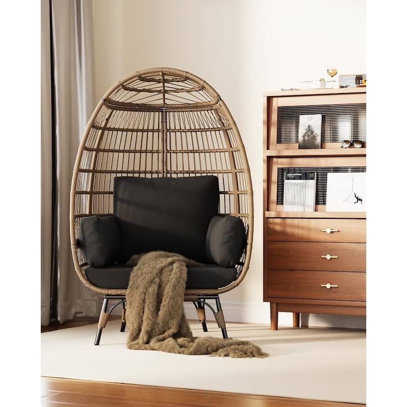 Oversize Wicker Egg Chair Outdoor with Steel Frame, Egg Basket Lounge Chair with 4 Cushions - Black