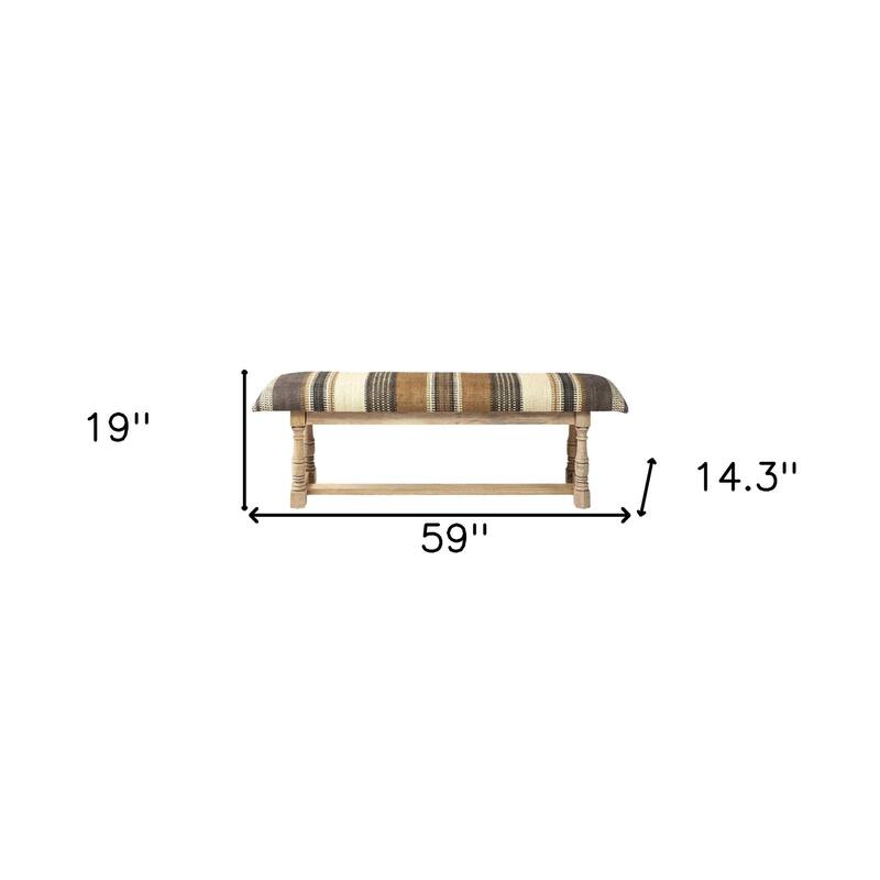 HomeRoots 59" Beige and Gray and Brown Upholstered Jute Striped Bench - 59