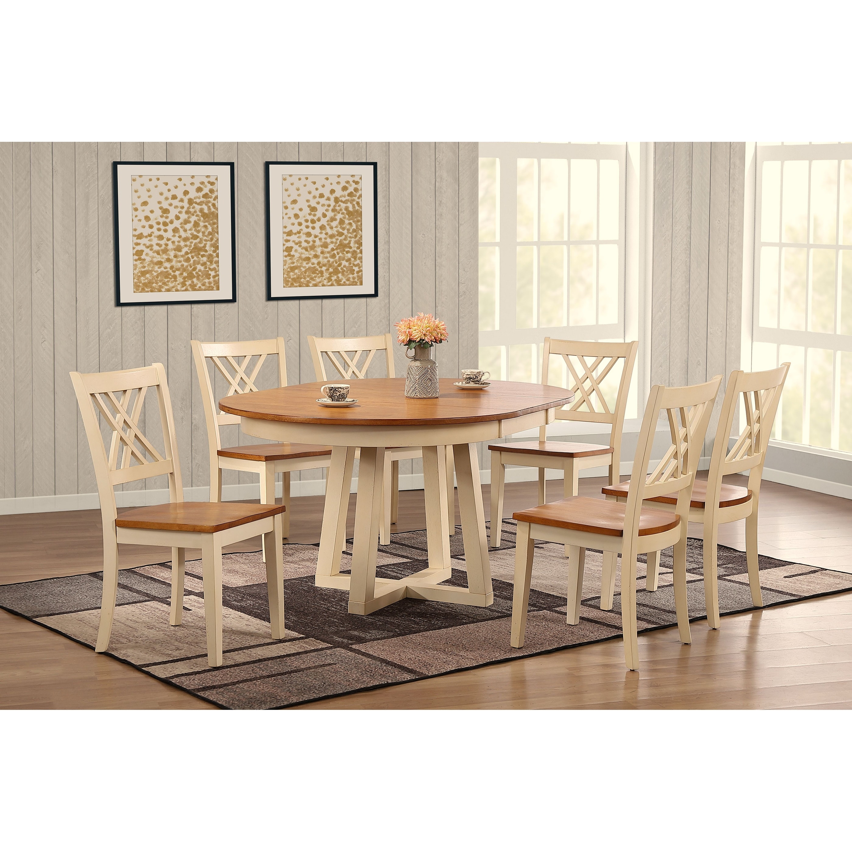 Coastal Haven Collection Antiqued Caramel Biscotti Double X-Back 7-Piece Cross Pedestal Dining Set