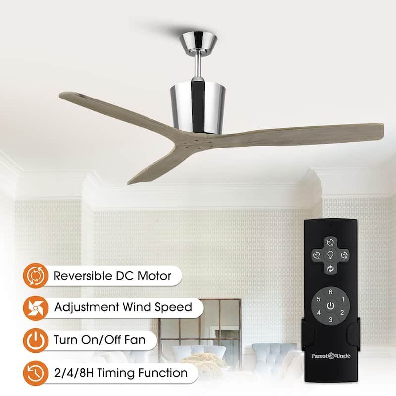54" Farmhouse Solid Wood 3-Blade DC Reversible Ceiling Fan with Remote, No Light
