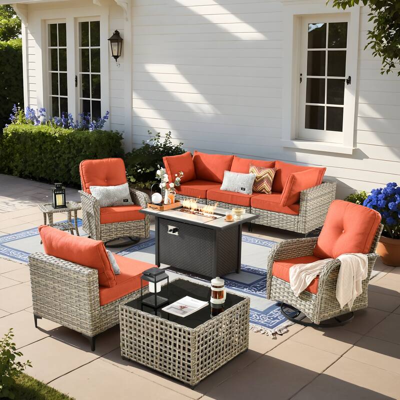HOOOWOOO 9-piece Wicker Furniture Patio Sofa Swivel Chair Fire Pit Set