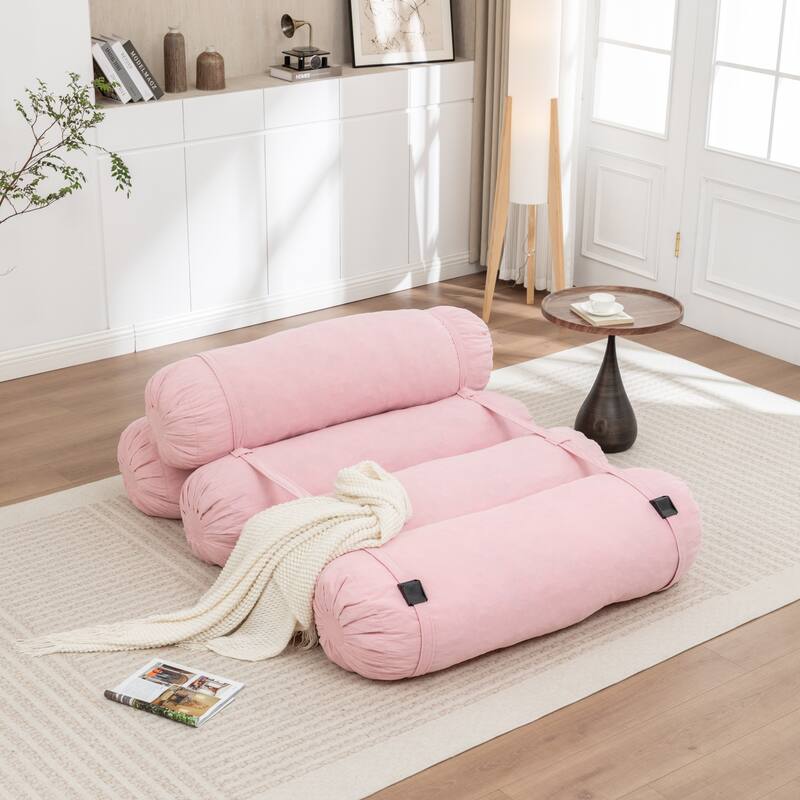 Versatile Lazy Sofa Corduroy Chaise Lounge Floor Couch Composed of 5 Cylindrical Pillows with Adjustable Straps - Pink