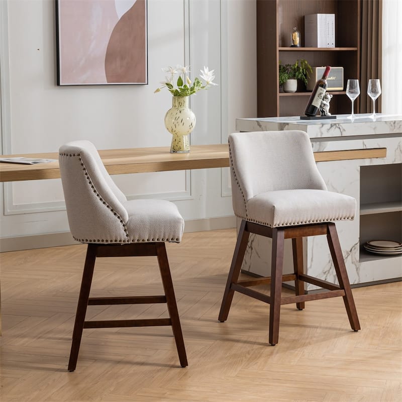 Counter Height Upholstered Swivel Bar Stools with Wood Legs (Set of 2) - Beige