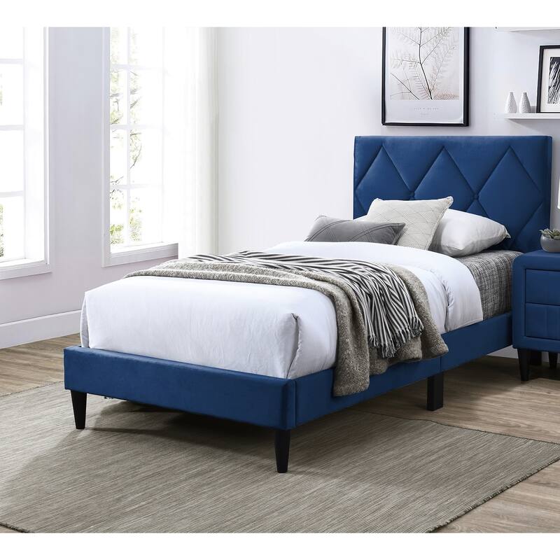 Twin Size Bed w Adjustable Headboard 1pc Bedframe, Navy Blue Velvet Upholstered Youth Bedroom Furniture