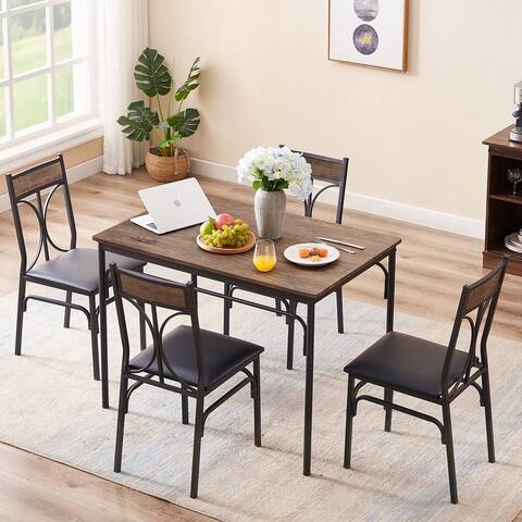 Modern 5-piece Dining Set Tempered Glass Top and Wood Top Dining Sets, Steel Dining Chair Set of 4-VECELO