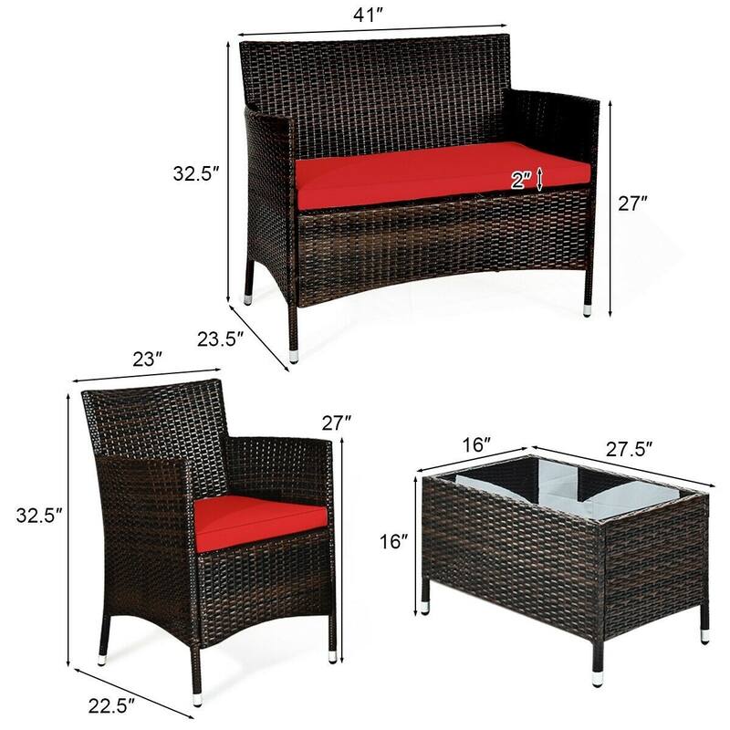 Rattan Patio Conversation Furniture Set with Glass Table and Comfortable Sofa - 4 Pcs